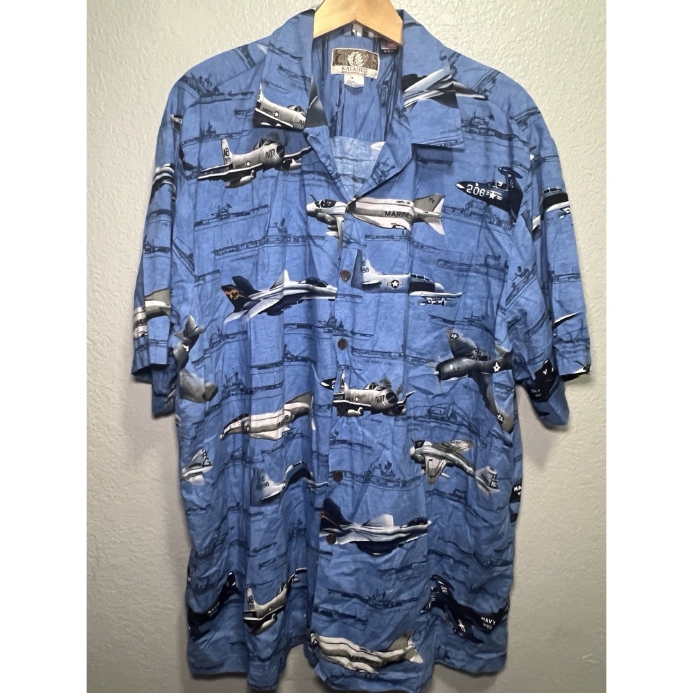 Kalaheo Hawaii Shirt Men's XXL Blue AOP Fighter Jet‎ Marine Corps Military USA